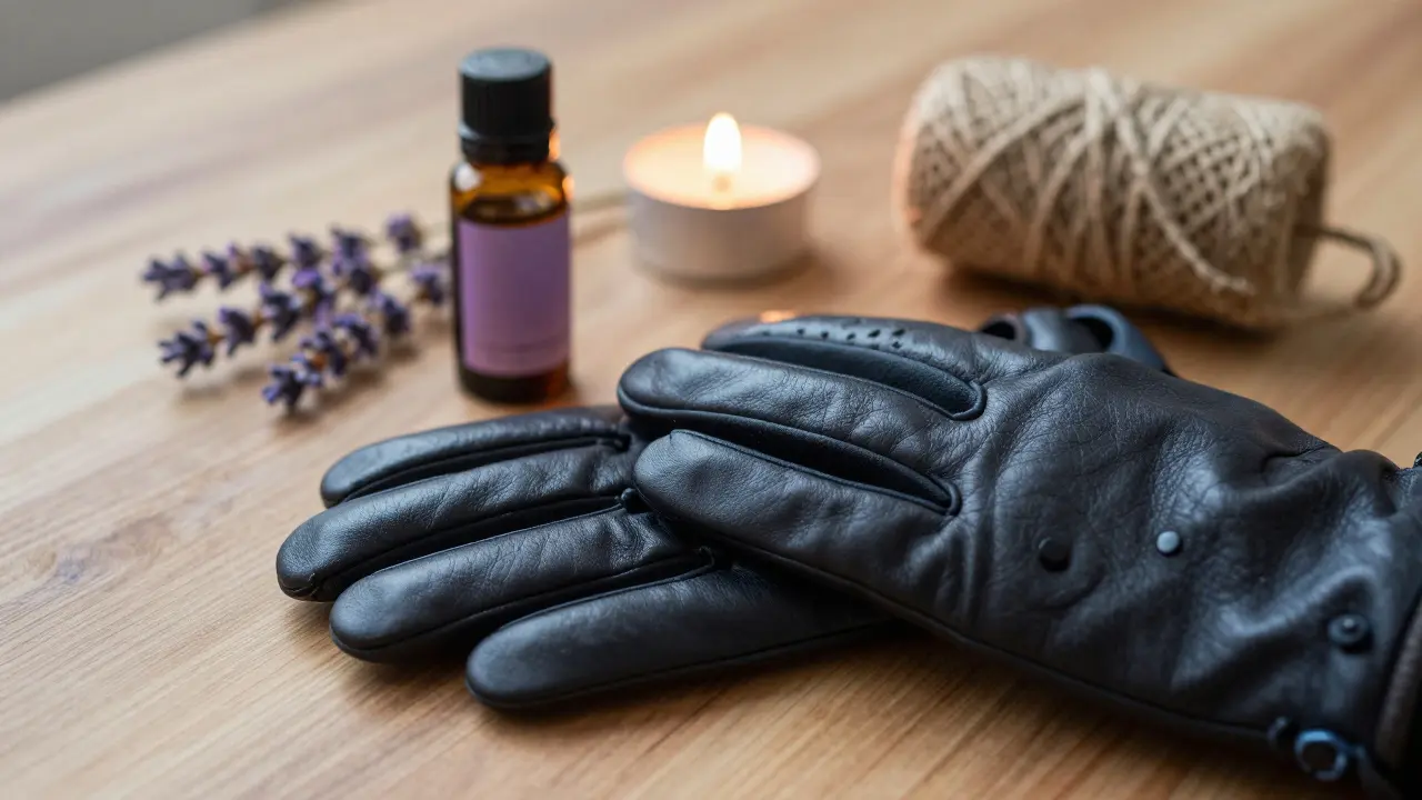 Kvalitní kožené rukavice leží na dřevěné ploše s olejem a masážním kolečkem.
