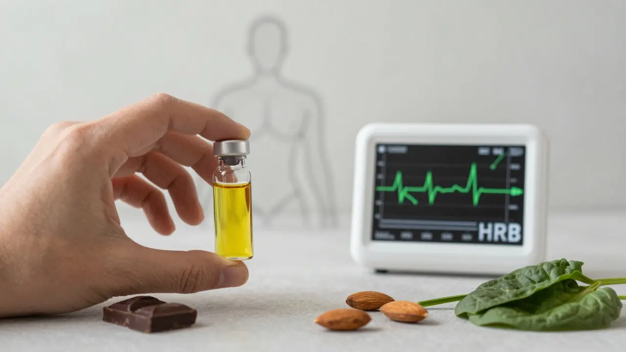 Nádoba s mandlovým olejem vedle grafu zlepšené variability srdeční frekvence s přirozenými složkami.