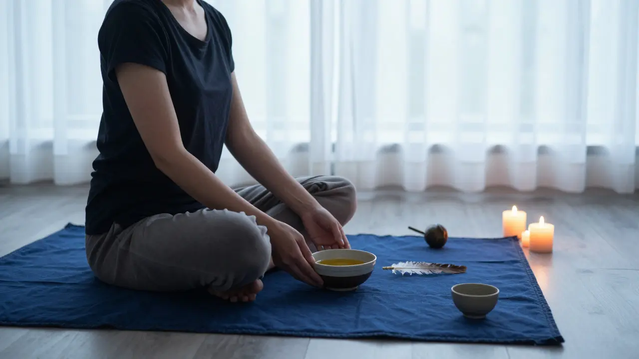 Pokojné tantrické prostředí s sarongem, svíčkami a termoforem v ranním světle.