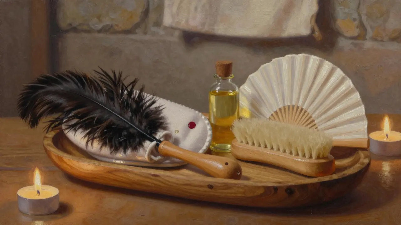 Tantric massage tools: rabbit gloves, ostrich feather, brush, and jojoba oil on a wooden tray in soft candlelight.