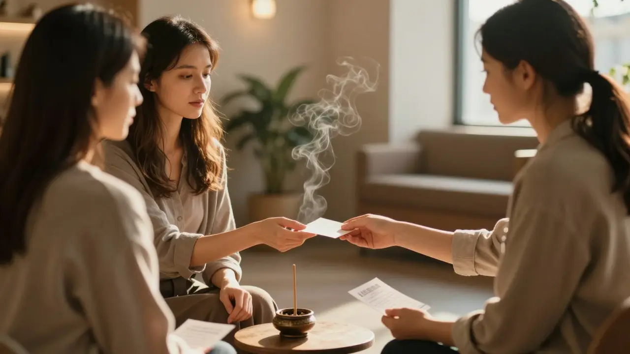 Žena předává lístek terapeutovi, zatímco náhradní klientka čeká v klidné místnosti.