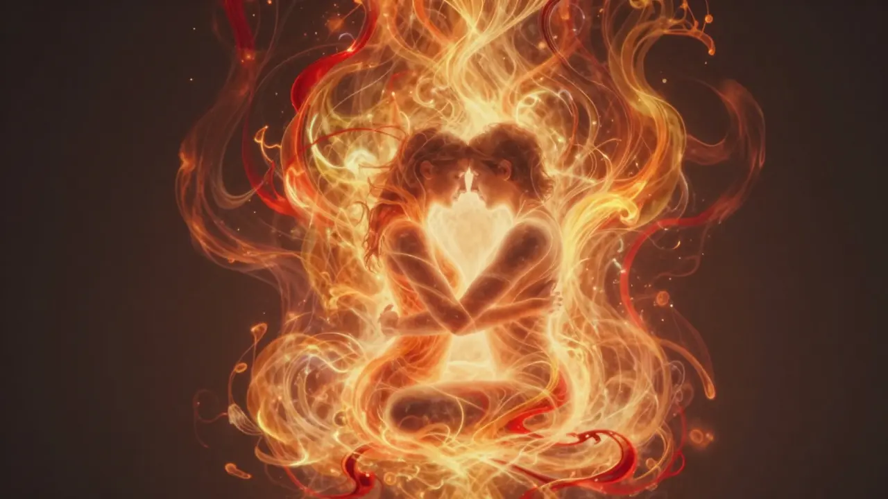 Abstraktní zobrazení páru obklopeného spirálovým zlatým a oranžovým energetickým proudem.