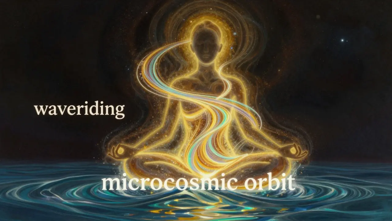 Abstraktní zobrazení proudění zlaté energie po páteři a vlnovky rozkoše v lidském těle.