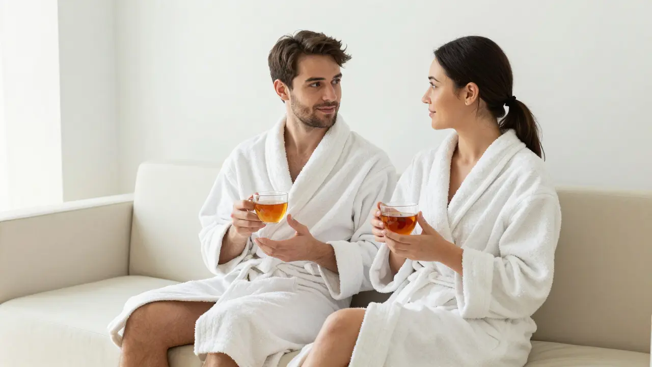  casualties Relaxovaný pár v bílých robech v lounge zóně spa, společně komunikující po masáži.