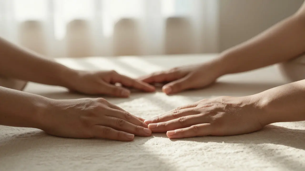 Detail dvou párů rukou v blízkosti na světlém lně v jemném přirozeném světle.