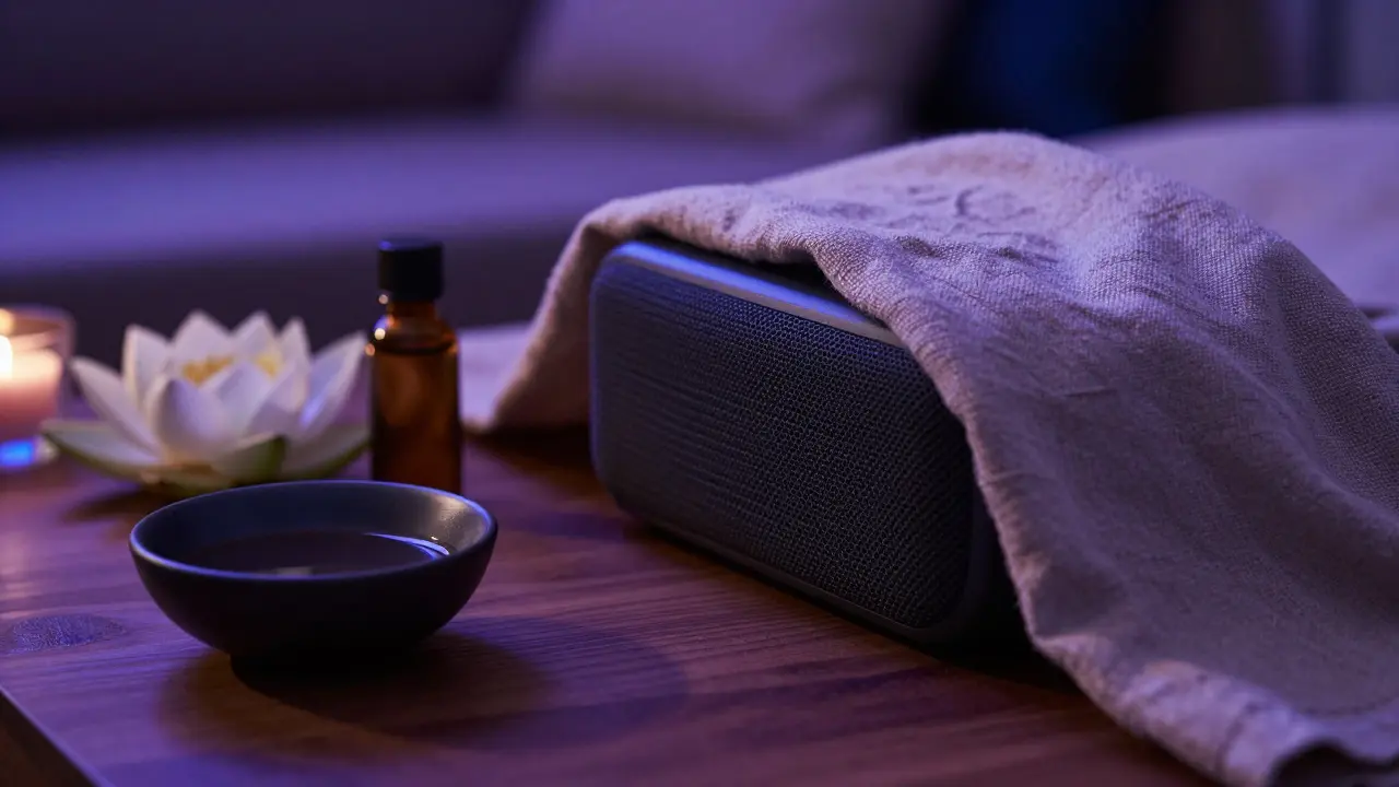 Detail reproduktoru, vonných olejů a lotosového květu v uklidňujícím prostředí.