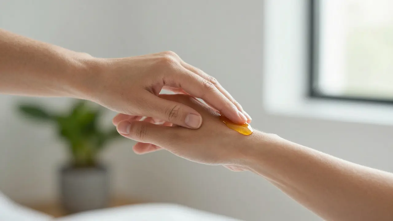 Detail ruky aplikující teplý olej na kůži během domácího rituálu vědomého dotyku.
