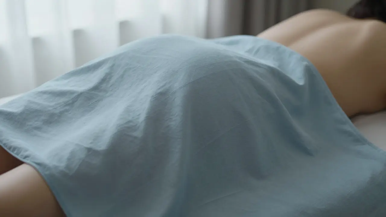 Detail těla přikrytého světle modrým sárongem, symbolizující bezpečí.