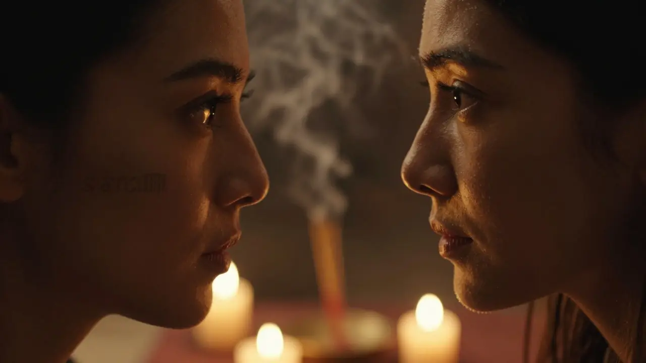 Detailní pohled do očí partnerů v intimním prostředí s zapálenými svíčkami.