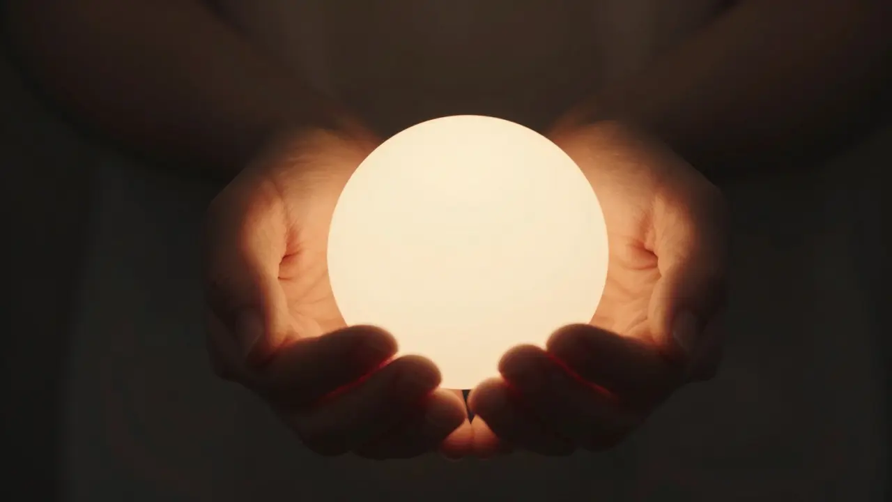 Dvě ruce jemně držící světelnou sféru symbolizující otevření srdce a bezpečí.