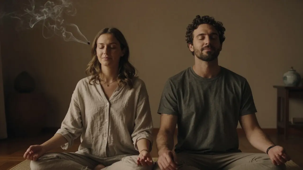 Klidný pár v hluboké meditativní konekci v rozsvícené místnosti.