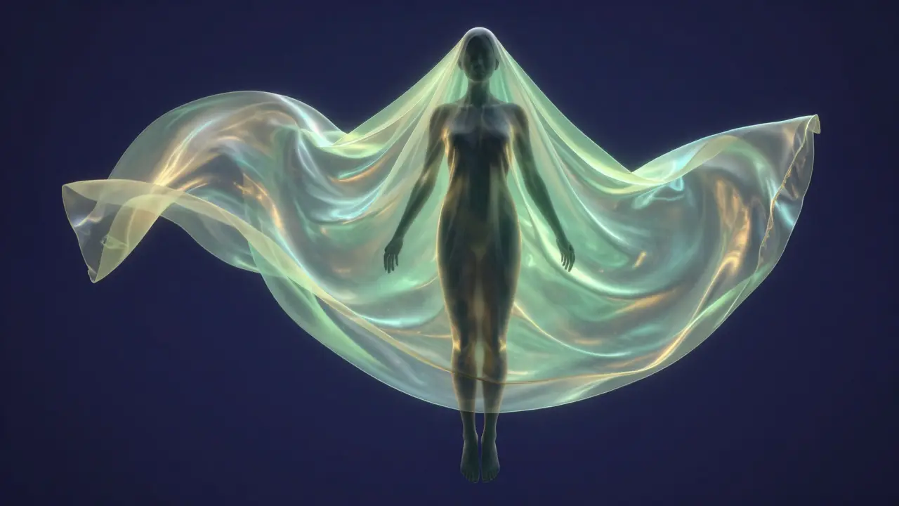 Konceptuální obraz postavy v ochranném kokonu ze světélkujícího sárongu.