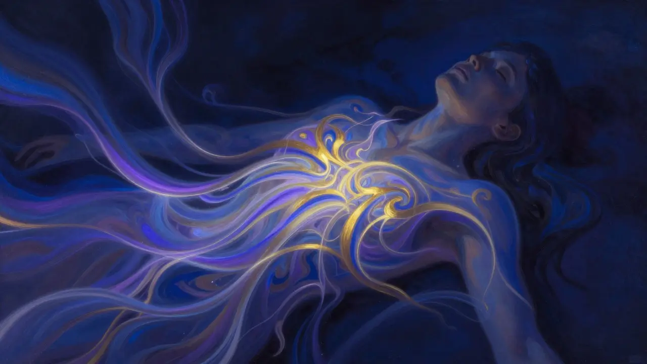 Konceptuální obraz uvolňování emocí znázorněný pomocí proudů barevného světla z těla.