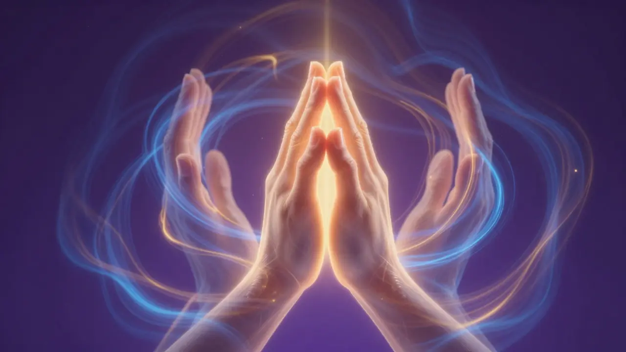 Konceptuální znázornění propletených rukou a proudící zlaté energie.