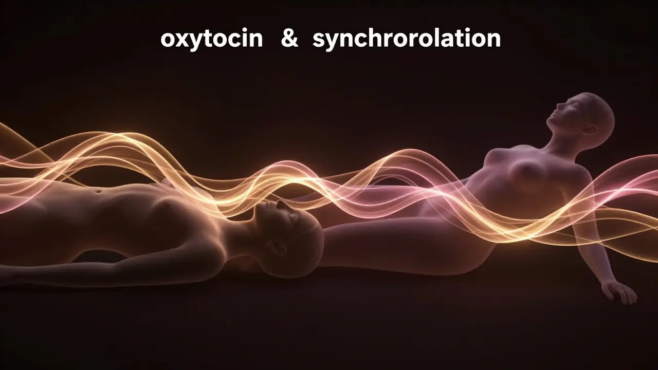 Konceptuální zobrazení emocionálního propojení a synchronizace dvou partnerů pomocí světla.