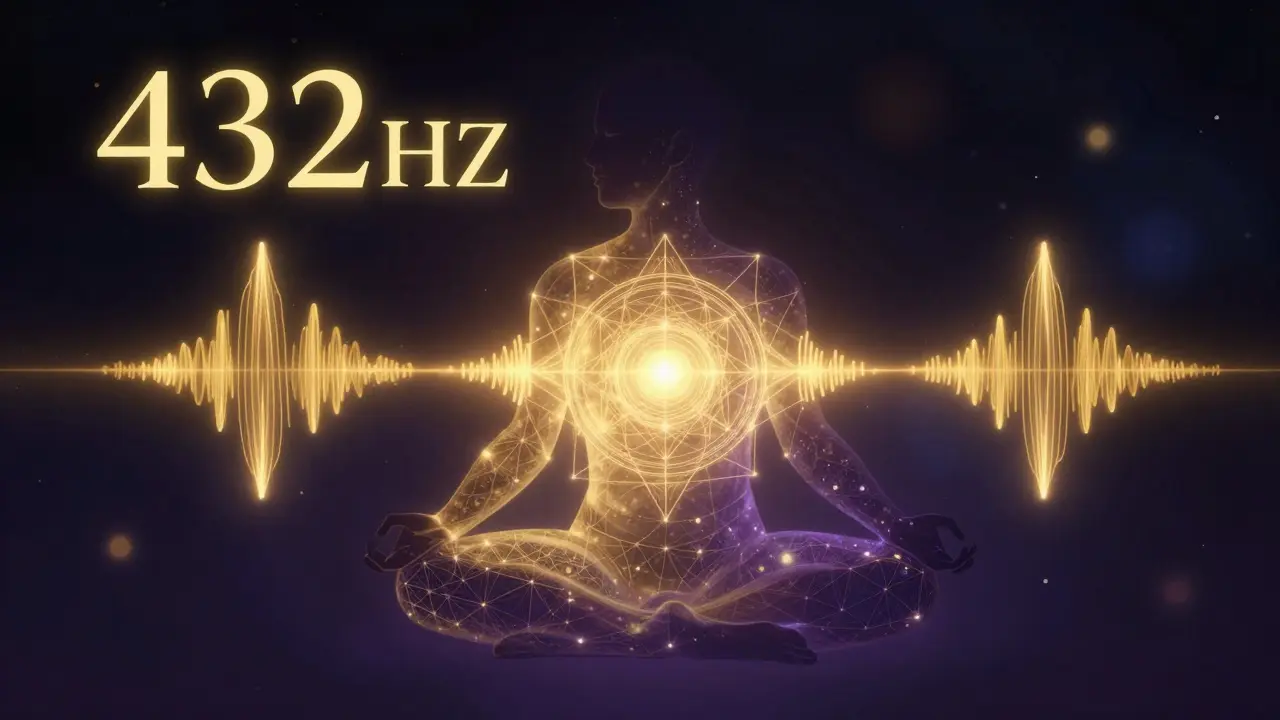 Konceptuální zobrazení zvukových vln frekvence 432 Hz proudících lidským tělem.