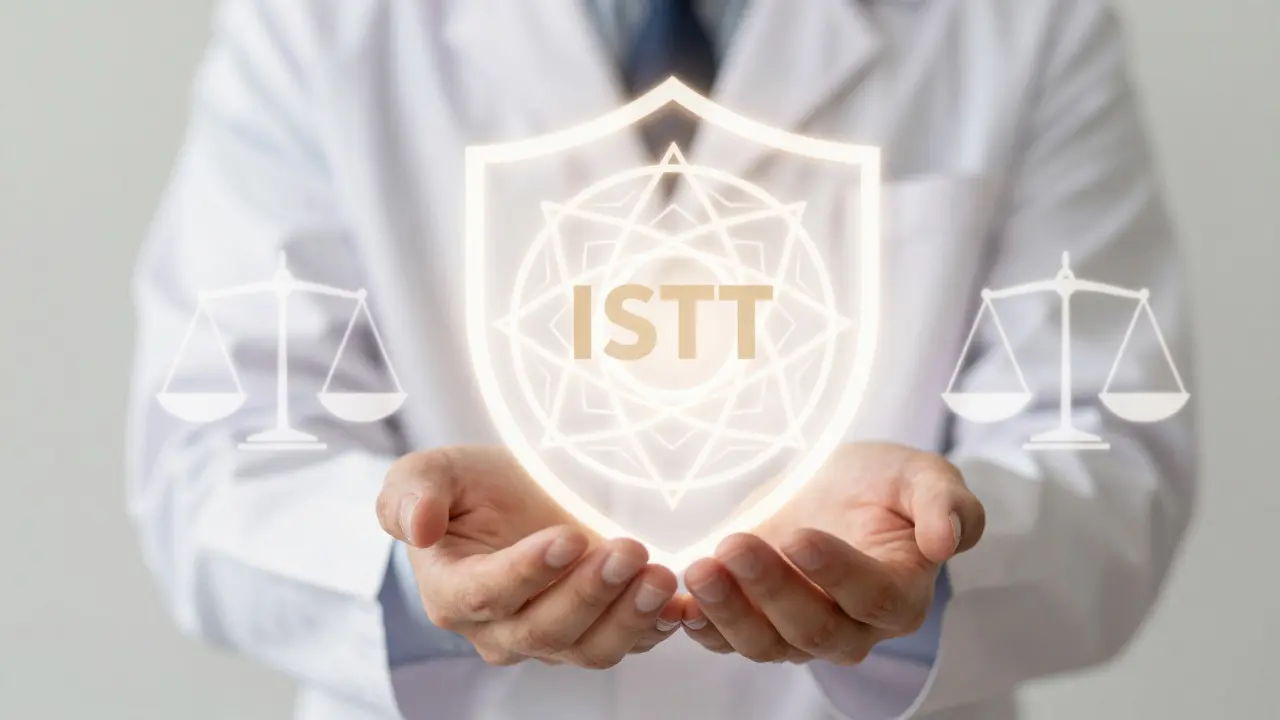 Abstraktní ruce drží svítící mandalu symbolizující etiku a certifikaci