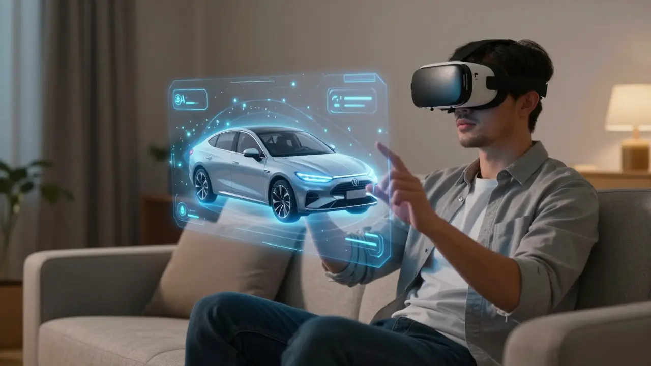 Klient si prohlíží virtuální 3D model auta doma pomocí VR brýlí a AI asistenta