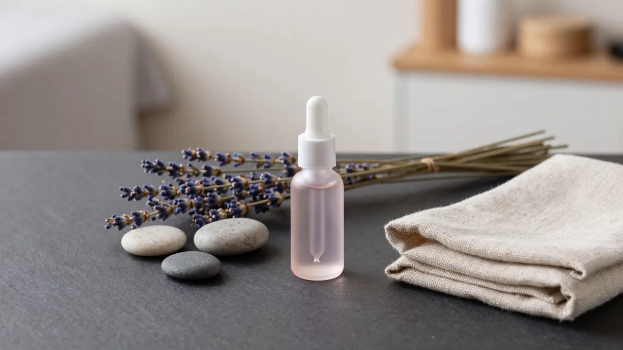 Luxusní wellness příprava s esenciálními oleji a kamínky na tmavém povrchu