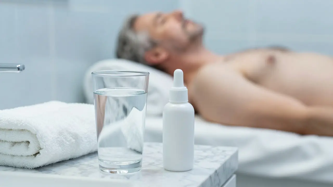 Příprava na masáž: sklenice vody, ručník a lubrikant v koupelně