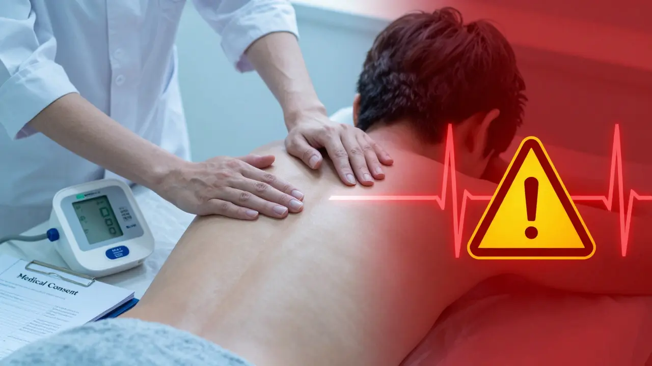 Rozdělená scéna ukazující bezpečnou a rizikovou masáž