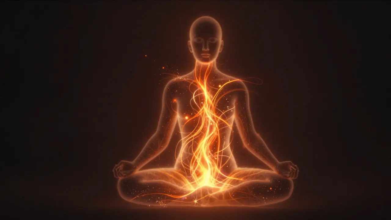Abstraktní vizualizace toku energetické prány v těle při meditaci