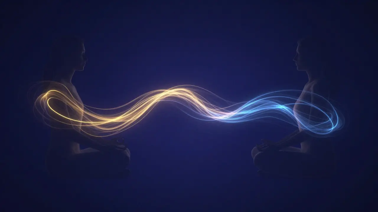 Abstraktní zobrazení toku energie a synchronizace dechu mezi dvěma osobami