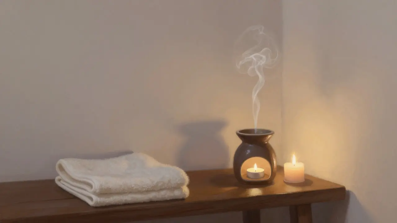 Atmosférický koutek s aromalampou a svíčkou pro relaxaci