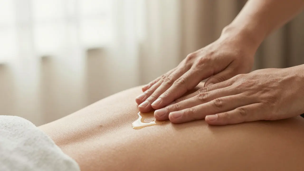 Detail rukou aplikujících olej, představující terapeutickou péči a citlivost.