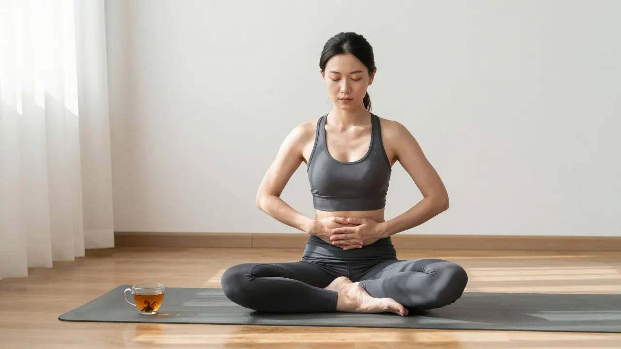 Woman practicing mindful breathing and body awareness in a serene, sunlit home environment.
