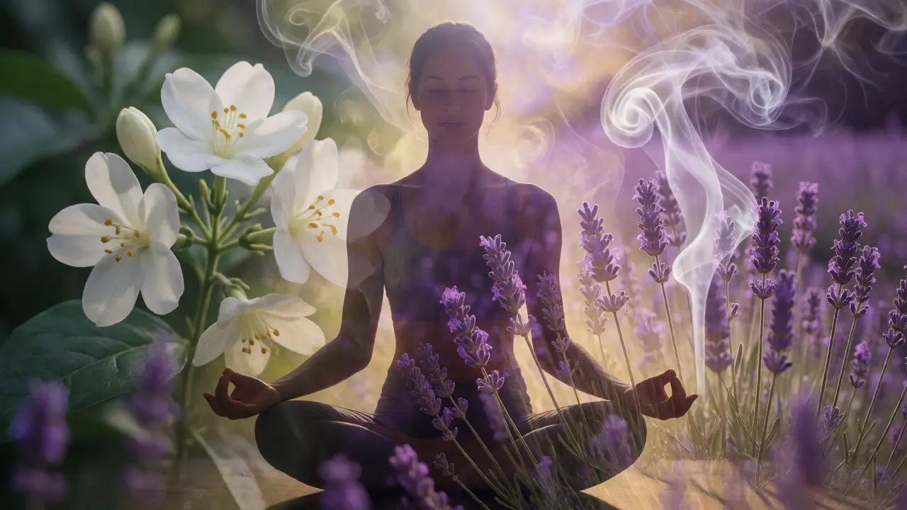Žena v meditaci propojená s abstraktními květinovými motivy