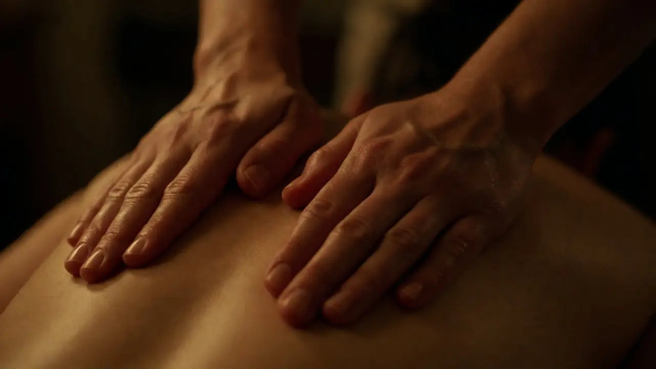Close-up of hands massaging a back with oil in soft, ambient lighting.