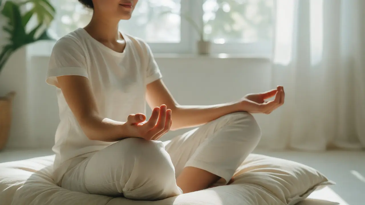 Člověk v meditativním klidu po masáži v prosvětleném prostoru