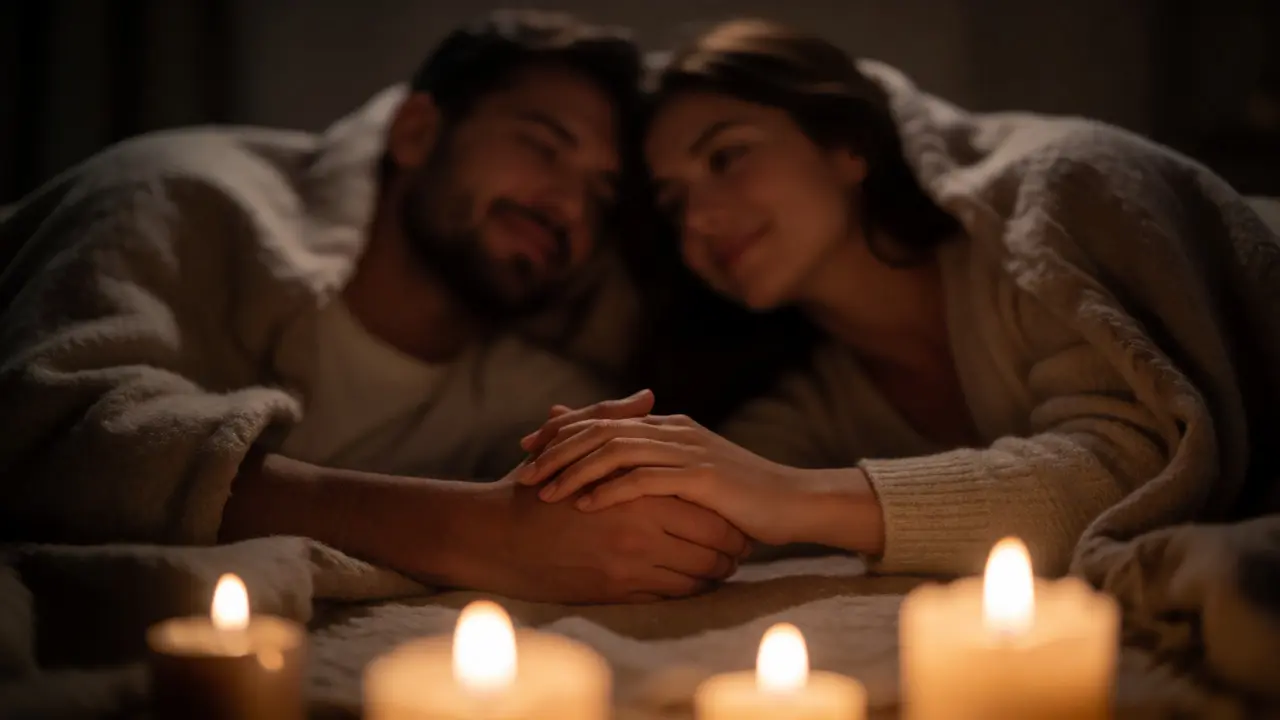 Couple lying together under a blanket, holding hands in candlelight after a massage.