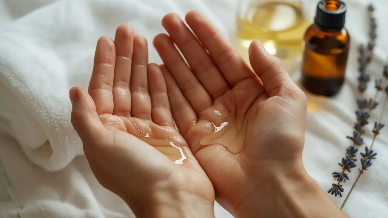 Dlaně si zahřívají masážní olej, v pozadí lahvička a sušená levandule pro klidnou atmosféru.