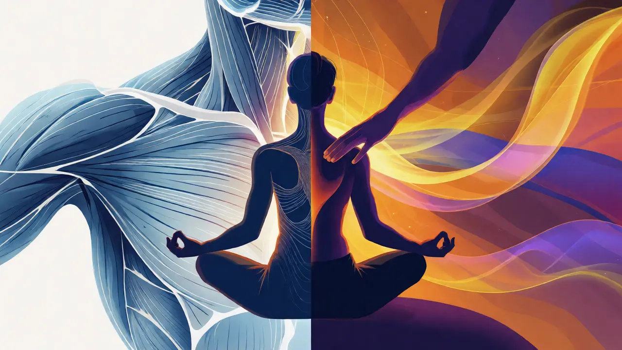 Konceptuální ilustrace propojení anatomie a energetického uzdravení
