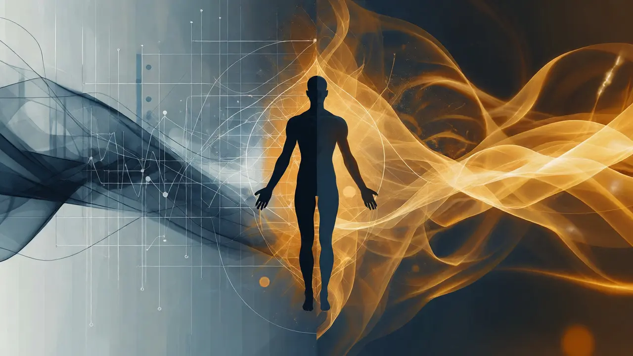 Konceptuální obraz spojující medicínská data s organickými energetickými vzory.