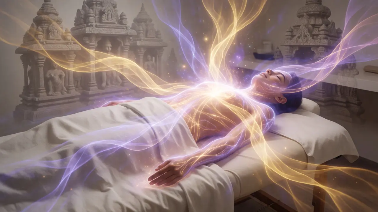 Konceptuální znázornění toku energie při tantrické masáži.