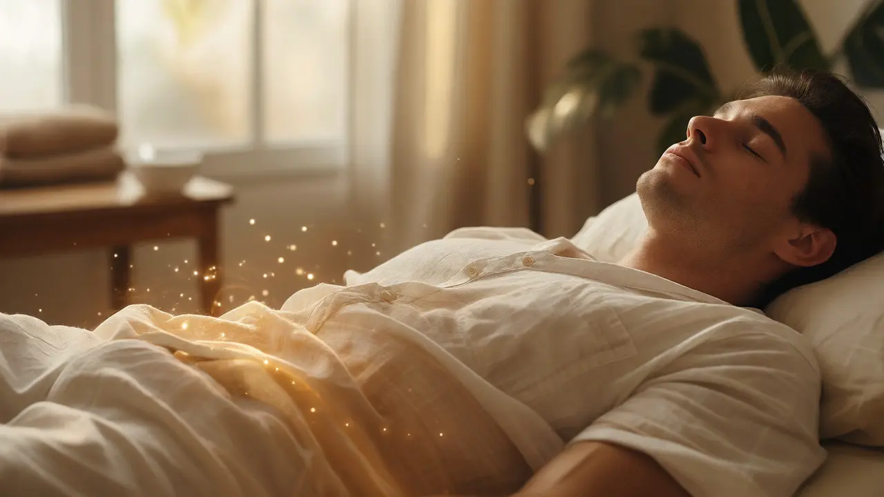 Muž v hluboké relaxaci s vizualizací uvolnění hormonů
