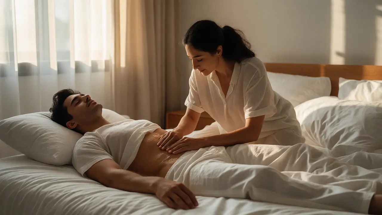 Partnerka jemně masíruje břicho a stehna muže v relaxačním prostředí ložnice