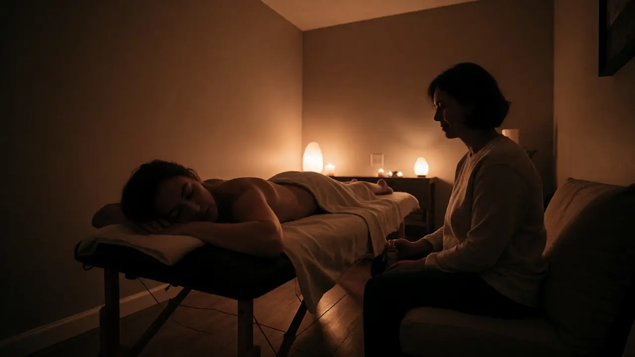 Relaxovaný pár po masáži v tlumeném světle, vyjadřující důvěru a intimní spojení